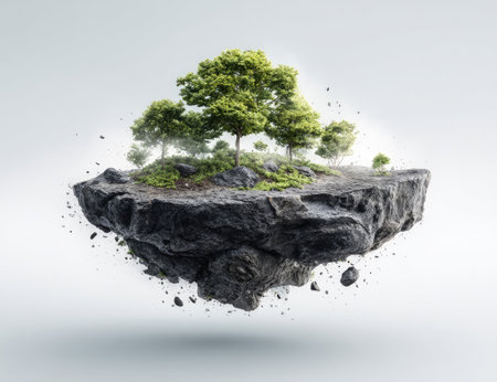 An isolated island floats in mid-air, showcasing a cluster of green trees and rocky terrain. The image features a cool color palette with high-key lighting. This composition could be used for conceptual or promotional projects, representing themes of nature, environment, and fantasy in various applications.の素材