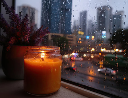 A burning candle in a glass jar is positioned next to a pot of lavender flowers, against the backdrop of a rain-streaked window overlooking a city. The scene uses soft lighting with bokeh lights creating a peaceful, contemplative atmosphere. This image could be used for various purposes including articles and advertisements.の素材