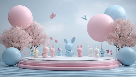 This image presents a staged Easter display, featuring several toy rabbits and large pastel-colored spheres resembling balloons. The scene incorporates soft lighting and a light blue backdrop, with ornamental trees adding visual depth. This composition is suitable for various commercial purposes, including holiday-themed advertising and decorative projects.の素材