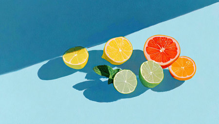 An assortment of colorful citrus fruits, including lemons, limes, oranges, and grapefruit, is presented on a vibrant blue surface. The composition showcases various textures and colors, with sharp shadows adding depth. This image could be suitable for commercial uses related to health, nutrition, or food products.の素材