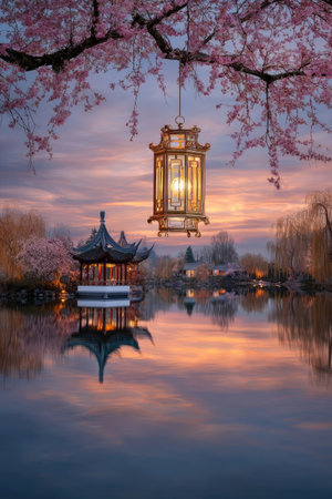 A decorative lantern suspended from a flowering cherry tree branch illuminates a tranquil scene. The image showcases a lake reflecting the soft colors of a sunset sky and traditional architecture. This picturesque composition could be suitable for various editorial and commercial applications.の素材