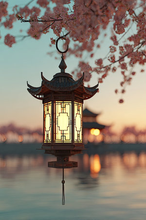 An illuminated lantern hangs from a branch adorned with cherry blossoms. The scene features soft lighting, with a blurred background suggesting a tranquil setting. The composition includes architectural elements against a colorful sky. This image may be suitable for editorial and commercial use, including design and advertising projects.の素材