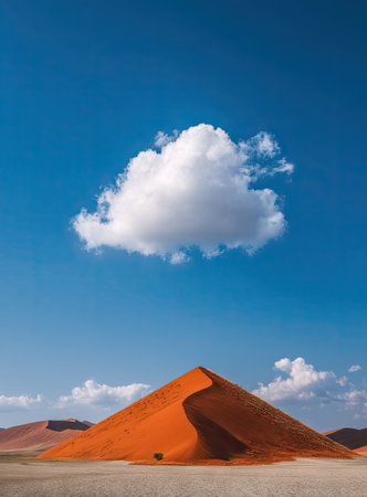 An image showcases a large, orange sand dune under a vibrant blue sky filled with white clouds. The landscape is composed of a textured, sandy foreground and additional, smaller dunes in the background. The lighting suggests a bright, sunny day, suitable for various commercial and editorial applications.の素材