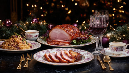 A beautifully arranged holiday meal features a glazed roasted ham as the centerpiece, alongside various side dishes and elegant tableware. The composition showcases rich colors and textures, suggesting a celebratory atmosphere. The scene is illuminated with warm lighting, hinting at an indoor setting. Suitable for commercial and editorial purposes.の素材