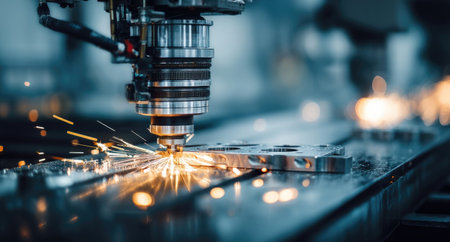 A close-up view presents a metal plate being precisely cut by an industrial laser. The scene displays brilliant sparks emanating from the cutting process, set against an overall cool color palette. The composition highlights the technology in a factory setting and it can be used for manufacturing or industrial projects.の素材