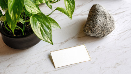 An overhead shot presents a potted green plant a small gray rock and a blank card, all set upon a white marble surface. The composition displays natural elements in a minimalist style, emphasizing textures and forms. This image is suitable for various commercial uses promoting concepts like nature design and presentation.の素材