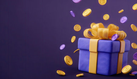 A blue gift box, tied with a gold ribbon, is surrounded by falling gold and purple coins. The image features a stylized, 3D render with soft lighting. The composition is set against a dark purple backdrop with copy space, suitable for promotional material or digital designs.の素材