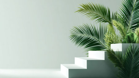 A minimalist composition features a white staircase structure adorned with vibrant green palm fronds. The scene showcases a smooth, light-colored backdrop, creating a sense of openness and purity. The design presents elements of nature in a modern, clean context, suitable for various commercial or decorative applications.の素材