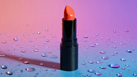 A single lipstick tube stands against a gradient background of pink and purple hues. The lipstick is open, displaying a vibrant orange-red color. Water droplets are scattered around, creating a refreshing atmosphere. This image could be used in cosmetic advertising or editorial content to highlight beauty products.の素材