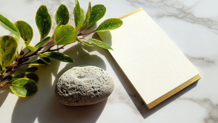 A sprig with green leaves, a weathered stone, and a blank rectangular card are arranged on a marbled surface. The composition uses natural elements and soft lighting to highlight textures. Suitable for illustrating concepts related to nature, design, or showcasing products in a calm setting. It can be used in advertising.の素材