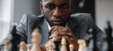 An individual, dressed in formal attire, is intensely focused on a chess board. The lighting suggests an indoor setting, with warm tones. The composition is close-up, highlighting the person's expression. This image is suitable for various commercial purposes, including illustrating strategy or decision-making.の素材