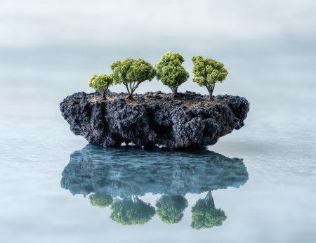 An isolated miniature island with green trees is reflected in still water on a light background. The composition features a textured, dark rock formation hosting the trees. The image presents a clean and simple aesthetic, suitable for conceptual, environmental, or artistic applications.の素材