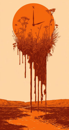 An artistic illustration presents a surreal scene where a clock face is integrated with natural elements like grass and plants. The artwork uses a warm orange color palette and features a unique composition, suggesting a symbolic representation of time and nature. This image is suitable for various commercial uses, including editorial and design projects.の素材