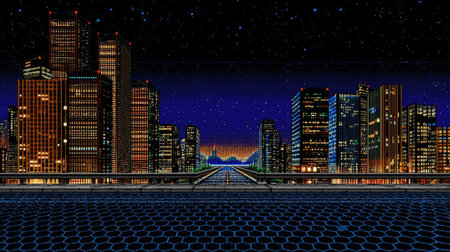 A pixel art depiction of a city skyline at night. Skyscrapers with illuminated windows are arranged along the horizon. A road leads towards the distant cityscape under a dark blue sky. The scene evokes a digital aesthetic suitable for various commercial uses.の素材