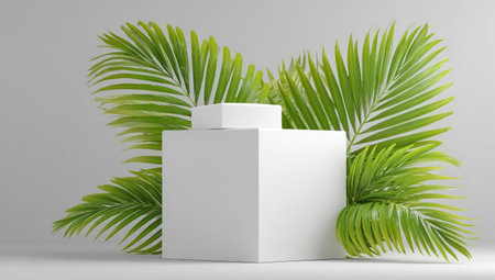 A minimalist white pedestal is the focal point, framed by lush green palm leaves. The image presents a clean, modern aesthetic with bright natural lighting. The composition suggests product display and is well-suited for advertising and promotional use. The background is a soft neutral.の素材