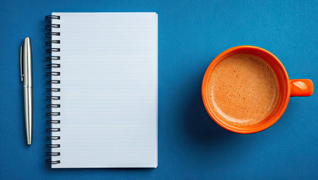 An overhead shot presents a notebook, a silver pen, and a coffee cup on a blue surface. The items exhibit contrasting textures and colors. This setup can be used in projects related to business, writing, or education, suitable for promotional materials or editorial content.の素材