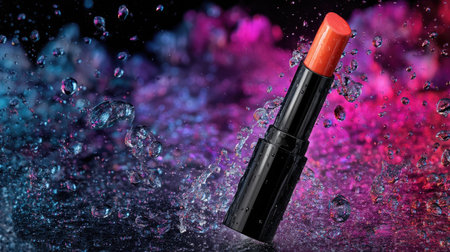 A lipstick tube is presented amidst water droplets against a blurred backdrop featuring shades of pink and blue. The composition showcases detailed textures and a focus on the product, emphasizing its color and form. This image is suitable for promotional materials, beauty product advertisements, or editorial content.の素材