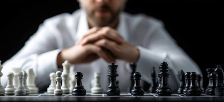 A man contemplates a chess board, pieces arranged for strategic play. The image showcases a game's setup, black and white pieces on a checkered surface. The scene is lit with soft lighting, suggesting an indoor setting and could be used for various business and conceptual themes.の素材