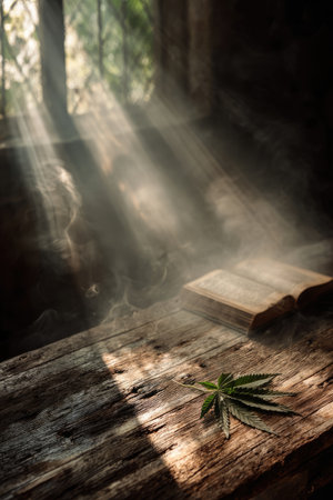 An open book rests on a weathered wooden surface, illuminated by beams of light. A leaf lies nearby. The image features a shallow depth of field, with soft focus, creating a dreamy and artistic atmosphere. Ideal for editorial, conceptual projects, or design applications.の素材
