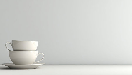 Two white teacups are stacked on top of each other, sitting on a saucer. They are presented against a simple, pale background. The image is clean and minimalistic, featuring a smooth texture and soft lighting. This composition could be used for various design, advertising, and editorial purposes.の素材