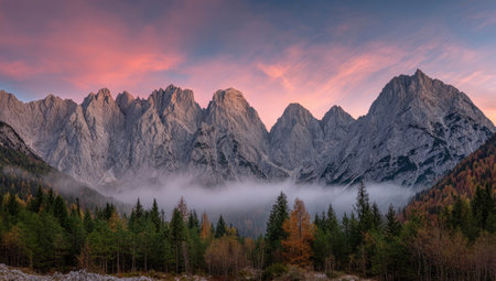 A stunning landscape showcases a rugged mountain range under a colorful sunset sky. The scene features lush evergreen trees in the foreground, with low-lying clouds nestled within the valleys. The image presents a blend of natural textures and soft lighting, suitable for various editorial and commercial applications.の素材