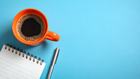An overhead shot displays an orange coffee cup filled with dark liquid, placed next to a notepad and pen. The objects sit atop a smooth, bright blue surface. The color palette includes orange, black, white, and silver. This composition could be used for lifestyle imagery or business-related content.の素材