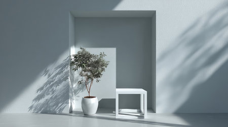 An interior scene features a small potted tree placed beside a simple white table within a contemporary architectural setting. The image uses a cool color palette with soft shadows cast across the clean surfaces. Suitable for commercial or editorial applications, the image highlights a minimalist design with a natural element.の素材