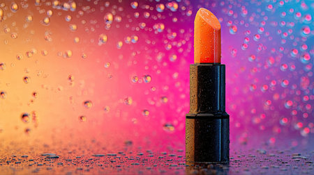 An orange lipstick tube stands upright against a blurred, multi-colored backdrop with water droplets. The composition features a shallow depth of field, highlighting the lipstick. The lighting creates a dynamic play of colors, suitable for cosmetic advertising, beauty blogs, or other commercial purposes.の素材