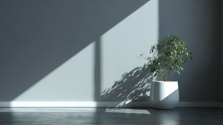 An indoor scene showcases a potted plant against a neutral wall, with natural light creating distinct shadows. The composition highlights geometric shapes and textures. This image provides copy space and can be used for various commercial projects related to home decor or interior design, and other editorial applications.の素材