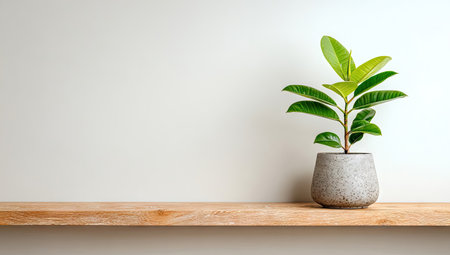 A vibrant green plant stands in a gray pot on a wooden shelf, contrasted against a clean white wall. The composition highlights the plant's leaves with overhead lighting, creating a simple, modern aesthetic. Suitable for various commercial uses, this image suggests themes of nature, home decor, and growth.の素材