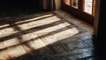Dramatic image showcasing sunlight filtering through a window, creating a striking pattern on a wooden floor. The composition highlights textures and shadows, with a focus on geometric shapes. The scene suggests an interior space, likely during daytime, with potential for editorial or commercial applications.の素材