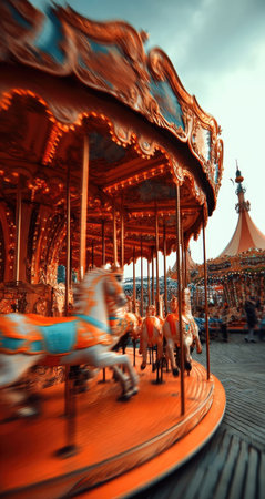 A classic carousel with decorative horses spins, showcasing bright orange and turquoise paint. The composition emphasizes the carousel's architecture and motion. A blurred background suggests an outdoor setting under an overcast sky. This image is suitable for various commercial uses, including advertising and editorial content.の素材