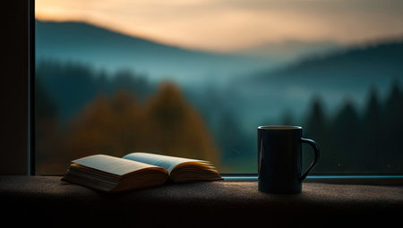 A book lies open next to a coffee cup on a windowsill, with a blurred mountain range visible through the window. The composition emphasizes natural light and a calm atmosphere. This image features a shallow depth of field, with soft colors and textures, suggesting a quiet setting. Suitable for editorial and commercial use.の素材