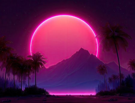This vibrant illustration depicts a retro-futuristic landscape with a massive, glowing orb resembling a sun or moon. Silhouetted palm trees and a mountain range are set against a dark, gradient background with neon accents. It showcases a stylized design suitable for various creative applications.の素材