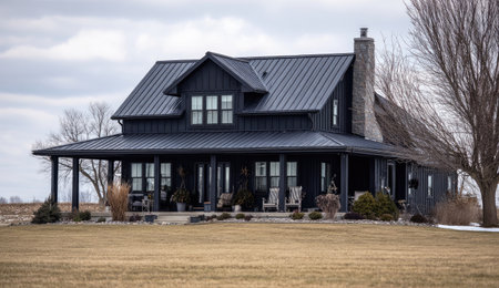 A dark-colored farmhouse exterior is presented under a cloudy sky. The architecture features a metal roof, a wrap-around porch, and symmetrical windows. The scene presents a rural setting with dry grass, hinting at a late autumn or early spring. This image could be used for architectural concepts, home design, or real estate marketing.の素材