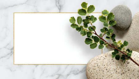 This image presents a minimalist arrangement featuring smooth stones, a leafy branch, and a rectangular area, all set against a white marble background. The composition employs natural elements with a neutral color palette. It may be suitable for various design applications including presentations, advertisements, and website graphics.の素材