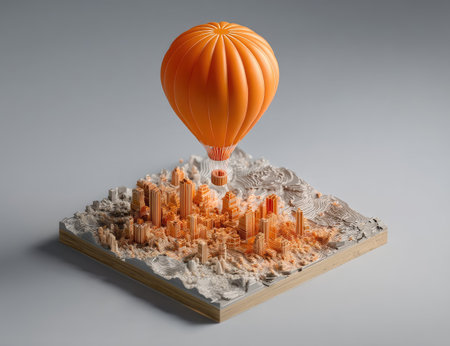 An orange hot air balloon hovers above a miniature city model. The artwork exhibits a detailed, textured appearance with a warm color palette. The composition is likely studio-lit against a plain background. This image could be used for illustrative purposes in business or design contexts.の素材