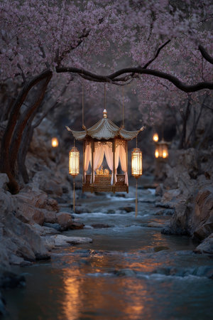 An oriental-style pavilion is suspended over a flowing stream. The scene is enveloped by cherry blossom trees, creating a soft, dreamlike ambiance. The composition features subdued colors, primarily purples and browns, and soft lighting. This image could be suitable for editorial features, decorative prints, and travel-related promotions.の素材