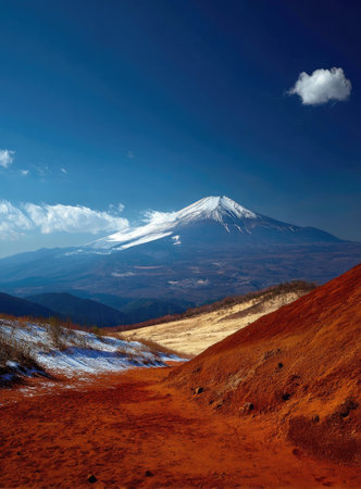 A scenic landscape showcases a snow-covered mountain peak under a bright blue sky with sparse clouds. The foreground presents reddish-orange terrain, creating a striking contrast. Ideal for illustrating natural environments and outdoor adventures, this image is suitable for various commercial purposes.の素材