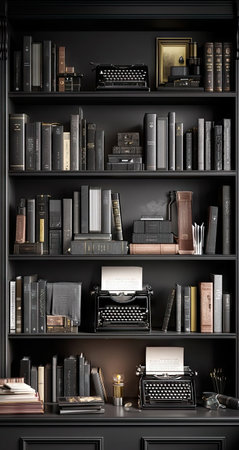 An interior shot features a dark wooden bookshelf filled with numerous books and classic typewriters. The composition presents a symmetrical arrangement with varying heights and textures. The lighting is soft, creating a warm, inviting atmosphere. This image could be used for editorial and commercial projects.の素材