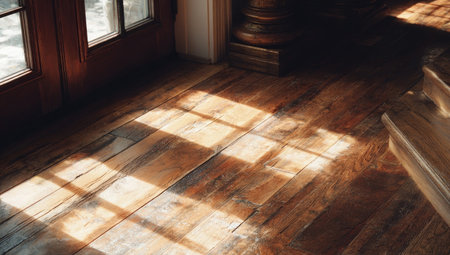 An interior shot features a wooden floor bathed in sunlight streaming through windows. The warm tones of the wood contrast with the bright light creating a play of shadows and highlights. The composition suggests an indoor setting, possibly a room or a hallway. Suitable for various commercial and editorial applications.の素材