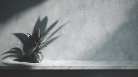 A close-up captures a small plant in a dark pot on a light stone surface. Harsh sunlight creates defined shadows that stretch across a textured concrete wall. The scene is minimal, with natural lighting enhancing the textures, perfect for editorial and commercial use.の素材