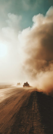 The image features vehicles driving on a dirt road, creating a large cloud of dust. The composition has a dramatic perspective with strong lines. The color palette consists of earthy tones, with the sky showing shades of blue. This image might be suitable for editorial or illustrative purposes.の素材