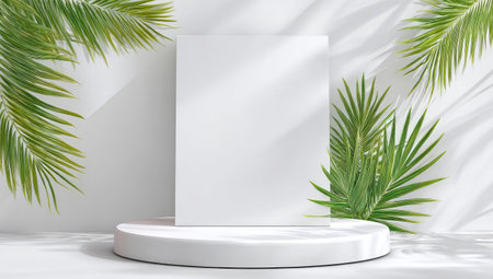 A minimalist composition features a white pedestal, a blank white card, and vibrant green palm leaves. Sunlight casts shadows, creating a natural lighting effect. This arrangement is suitable for product showcasing or design presentations, providing a clean and elegant backdrop for various commercial and editorial applications.の素材
