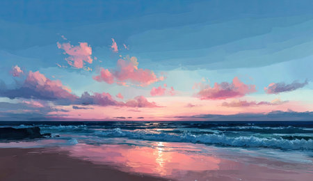 An artistic depiction presents a beach at sunset. The sky displays hues of pink and blue, with soft clouds. The ocean reflects the colors, while gentle waves lap the sandy shore. The overall composition suggests serenity and could be suitable for various commercial or artistic applications.の素材