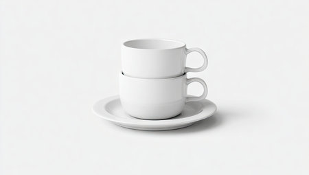 Two white cups are neatly stacked atop a matching saucer, against a bright, minimalist backdrop. The composition features clean lines and a simple aesthetic. The image exhibits a neutral color palette with soft lighting, suitable for various commercial applications. It creates a feeling of serenity and cleanliness.の素材