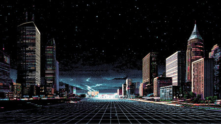 An illustration depicts a nighttime cityscape featuring tall skyscrapers and a grid-like foreground leading toward a bright, undefined light. The composition uses cool colors with hints of warm tones, creating a stylized perspective. This image could be suitable for various commercial uses, including website backgrounds or editorial content.の素材