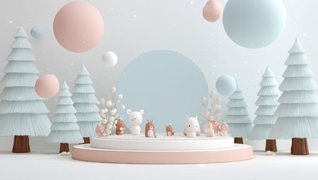 This image presents a staged winter scene with stylized trees and pastel-colored spherical elements. Small animal figures are arranged on a circular platform. The composition features soft lighting and a minimalist design. Suitable for various design projects, it could be used for advertisements or decorative content.の素材