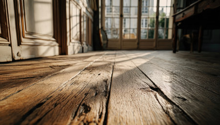 This image presents a close-up of a weathered wooden floor, showcasing its natural grain and texture. Soft sunlight streams through a window illuminating the aged wood. The composition provides a sense of depth and evokes feelings of history. Suitable for use in design, editorial, or commercial projects.の素材