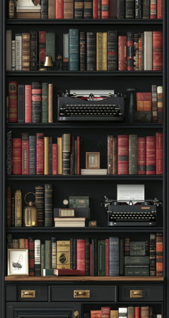 A tall, black bookshelf displays numerous antique books with varied spines and colors. Two vintage typewriters are placed on shelves among the books. The image showcases a classic style with rich textures and detailed composition. The scene suggests an indoor environment. This image is suitable for various commercial uses.の素材